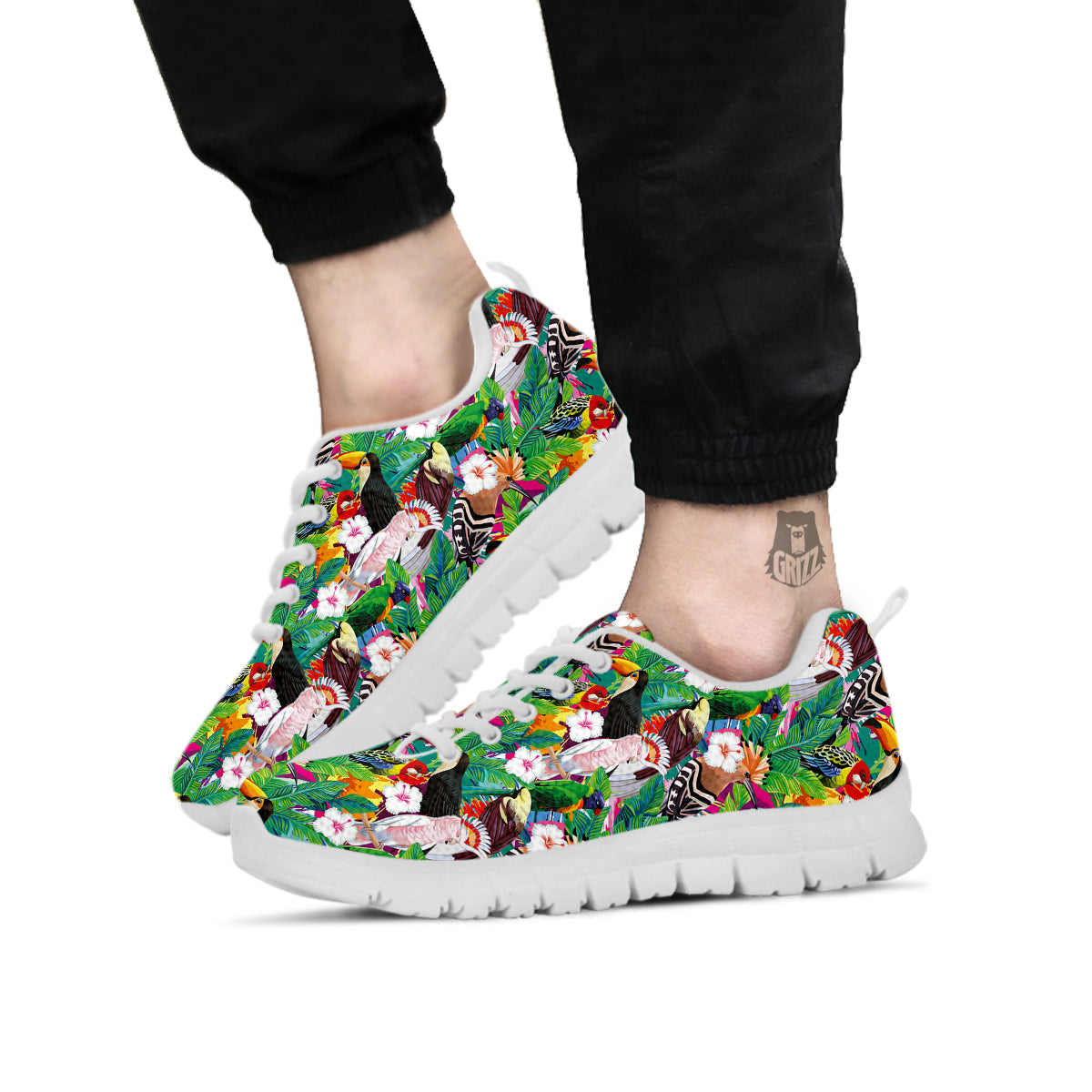 Palm Leaves And Bird Of Paradise Print White Sneaker-grizzshop