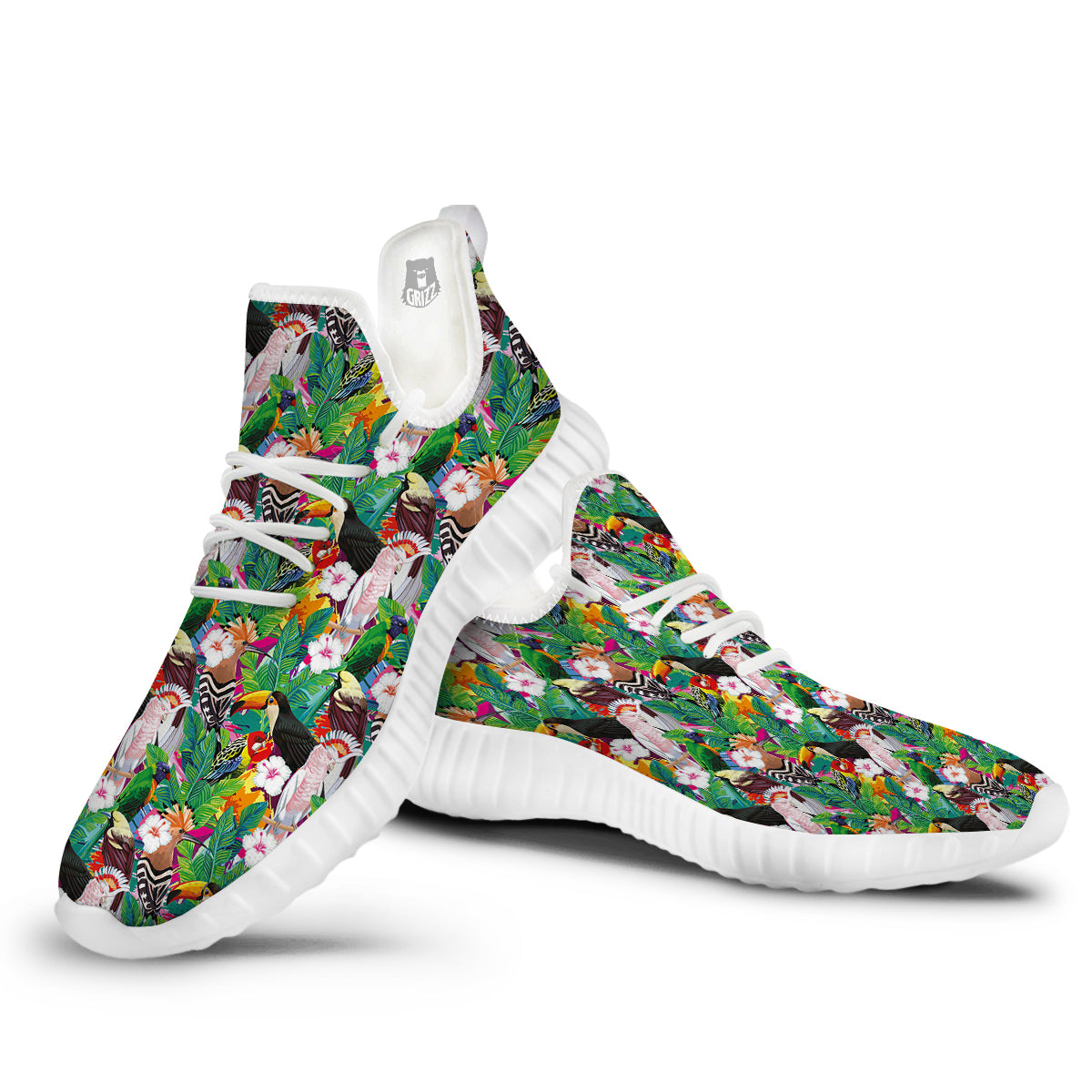 Palm Leaves And Bird Of Paradise Print White Walking Shoes-grizzshop