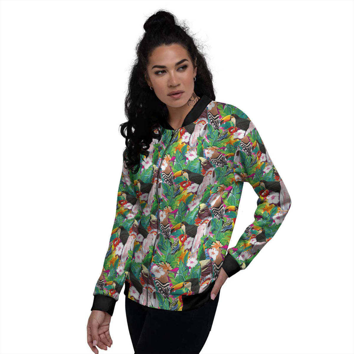 Palm Leaves And Bird Of Paradise Print Women's Bomber Jacket-grizzshop
