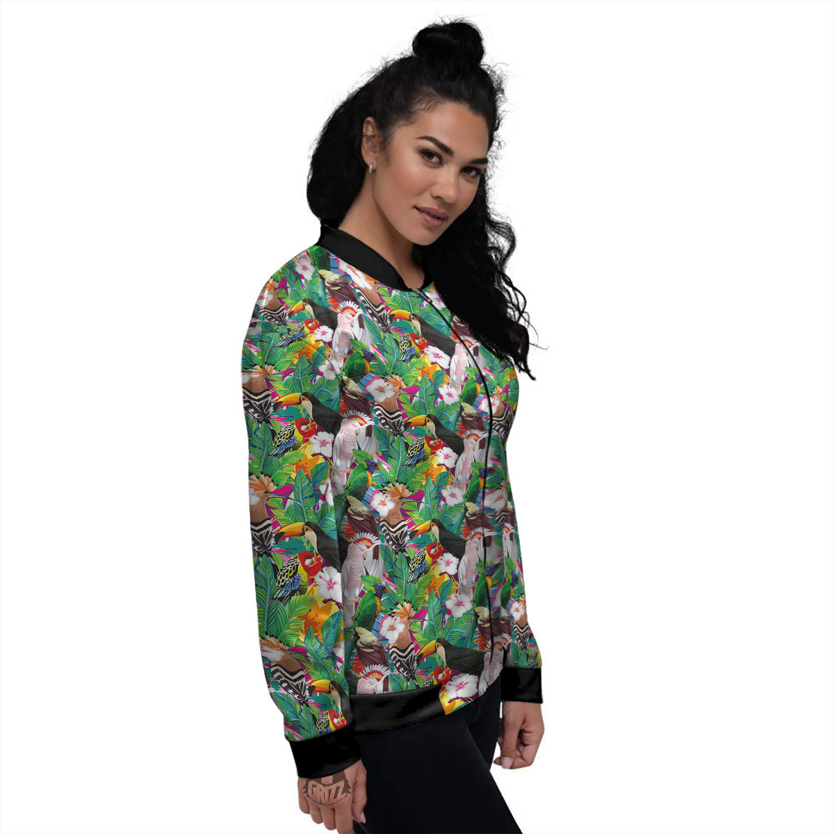 Palm Leaves And Bird Of Paradise Print Women's Bomber Jacket-grizzshop