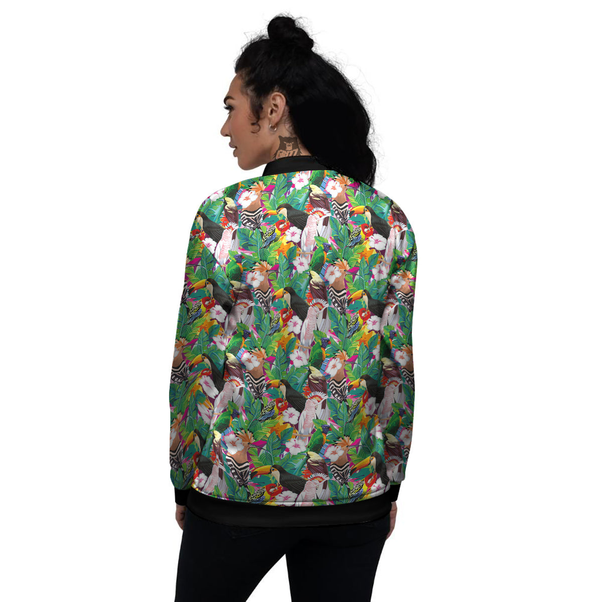 Palm Leaves And Bird Of Paradise Print Women's Bomber Jacket-grizzshop
