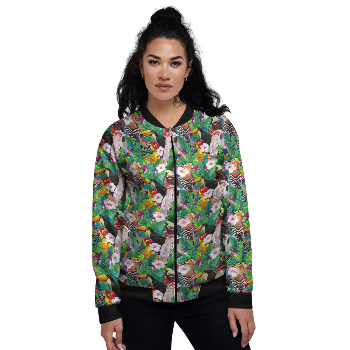Palm Leaves And Bird Of Paradise Print Women's Bomber Jacket-grizzshop