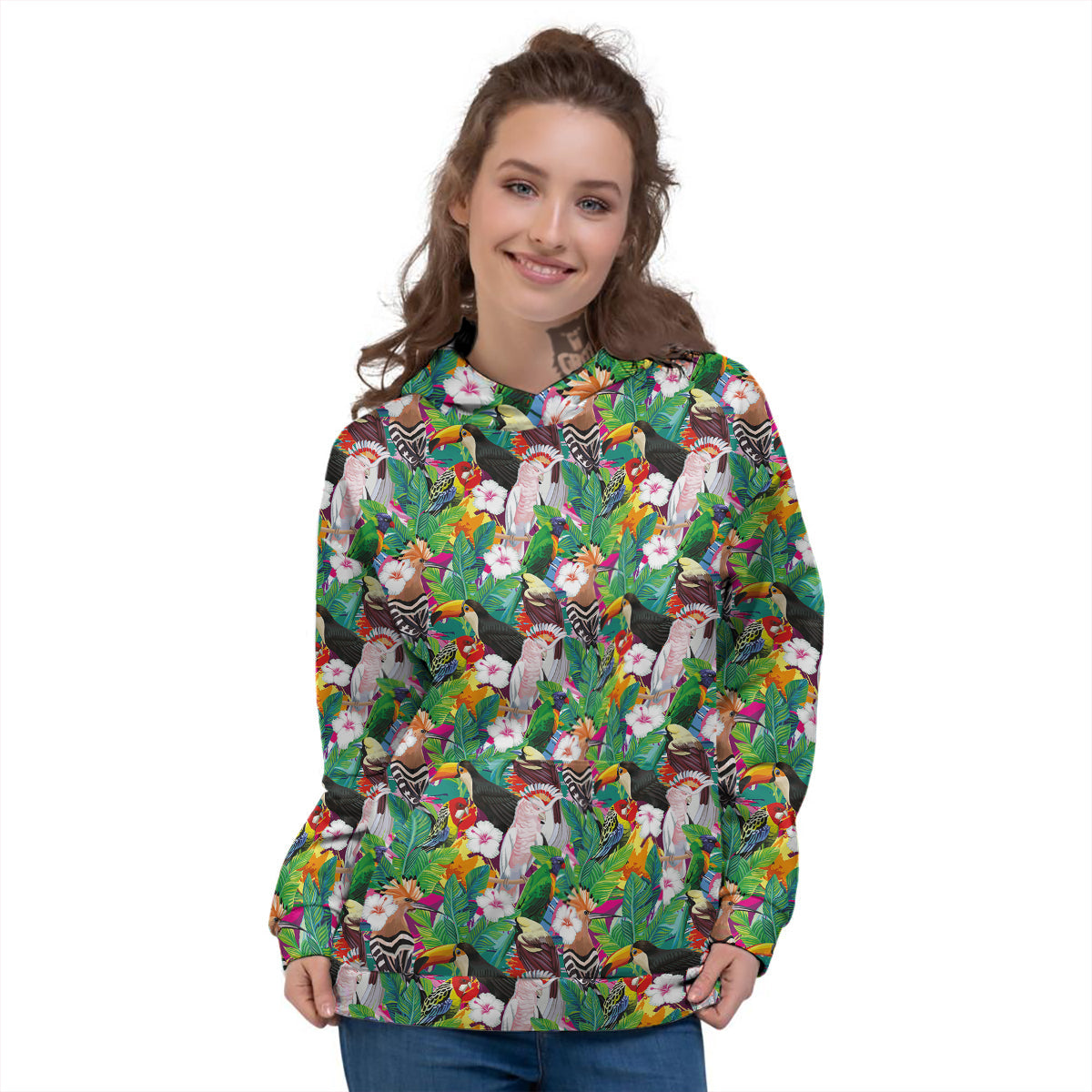 Palm Leaves And Bird Of Paradise Print Women's Hoodie-grizzshop