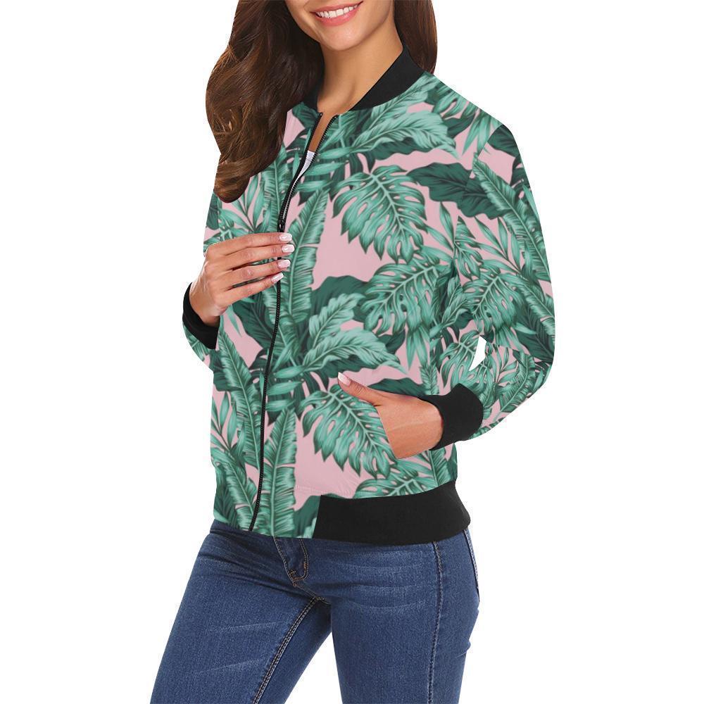 Palm Leaves Floral Tropical Hawaiian Pattern Print Women Casual Bomber Jacket-grizzshop