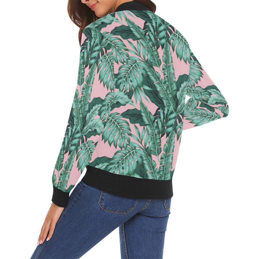 Palm Leaves Floral Tropical Hawaiian Pattern Print Women Casual Bomber Jacket-grizzshop
