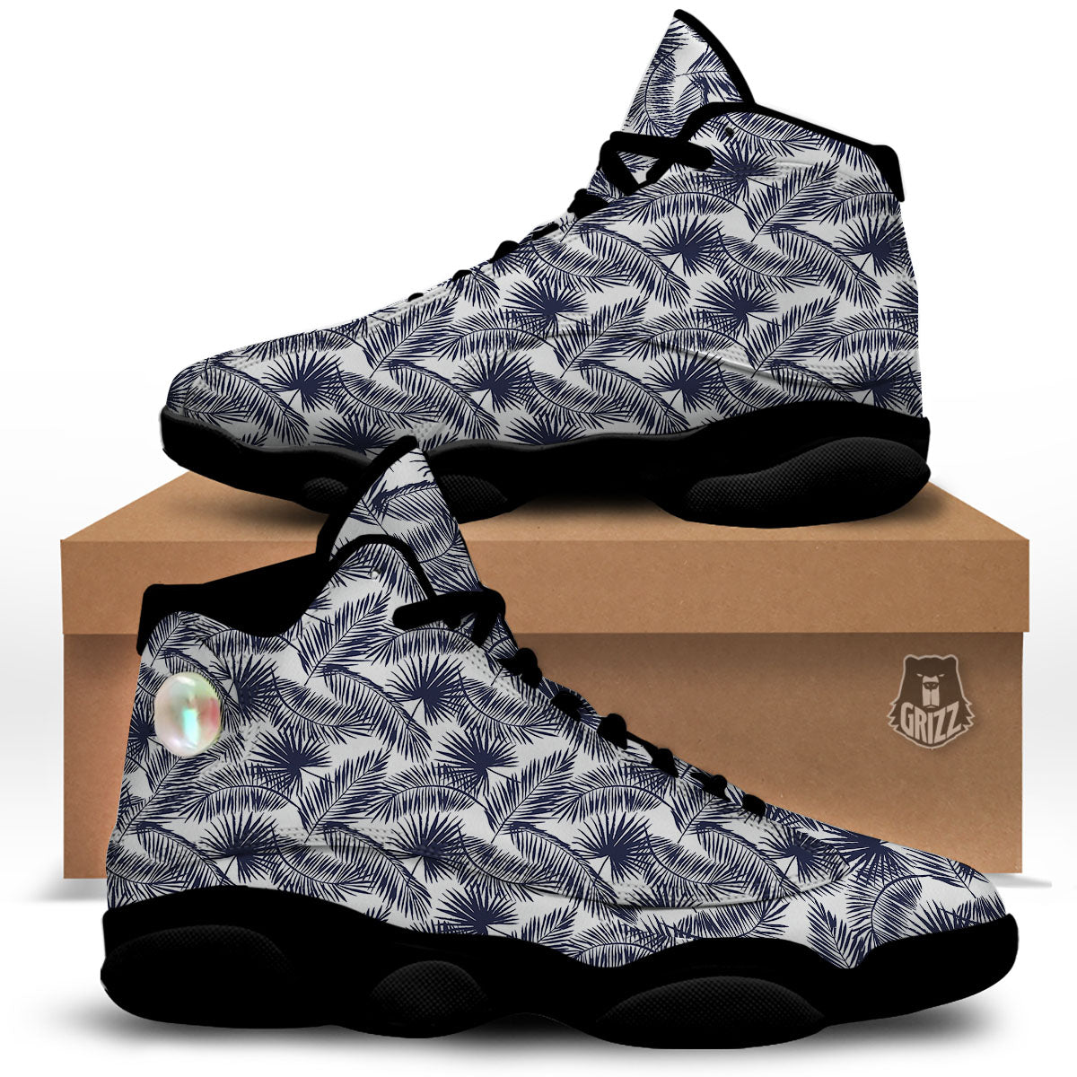 Palm Leaves White And Black Print Black Basketball Shoes-grizzshop