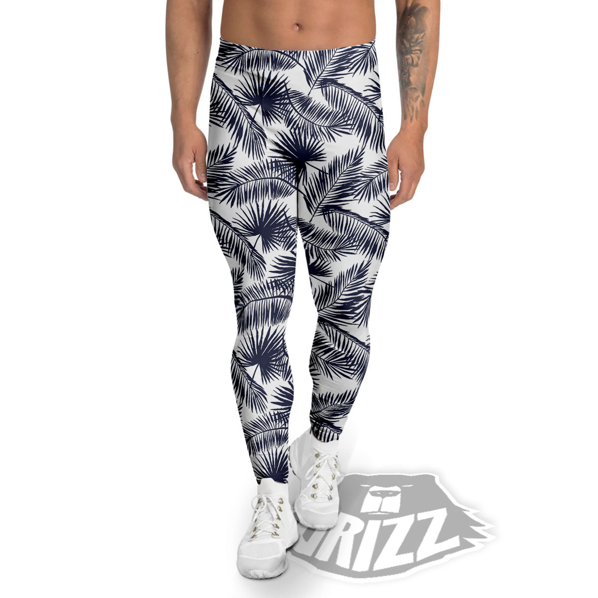 Palm Leaves White And Black Print Men's Leggings-grizzshop