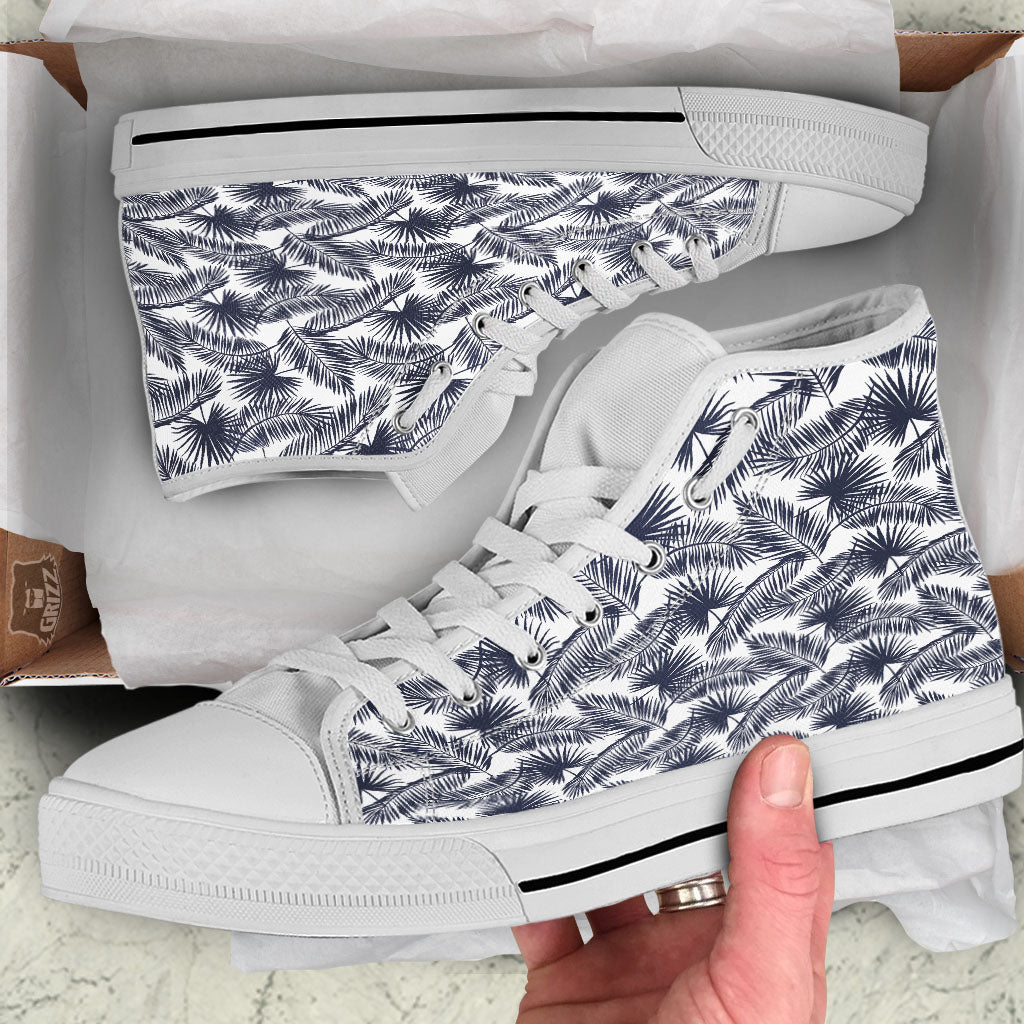 Palm Leaves White And Black Print White High Top Shoes-grizzshop
