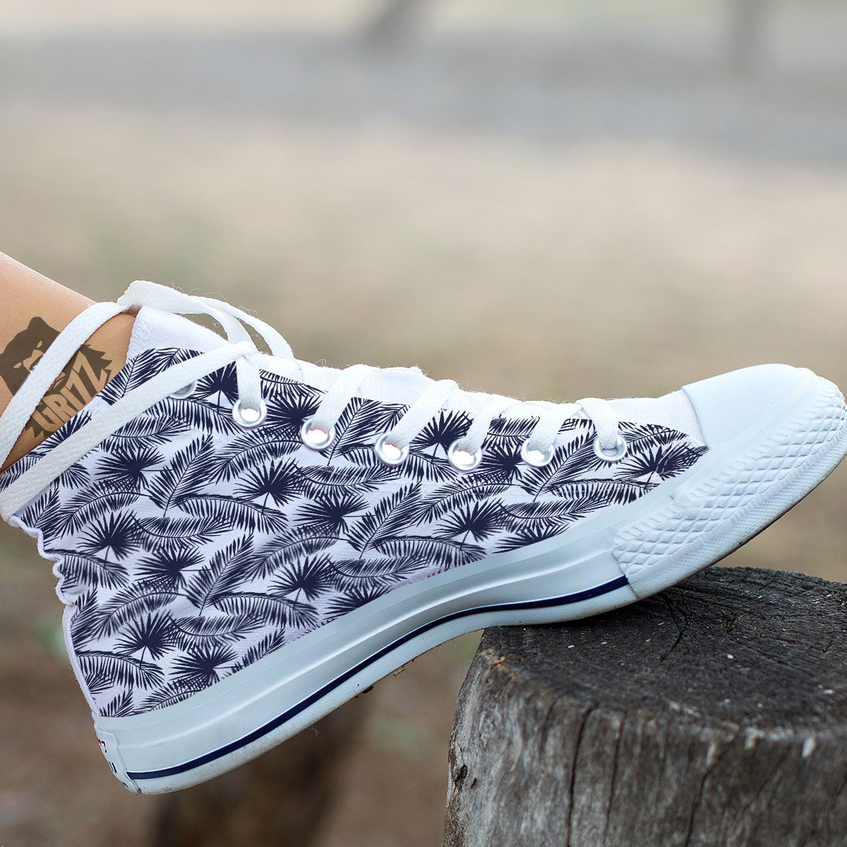 Palm Leaves White And Black Print White High Top Shoes-grizzshop