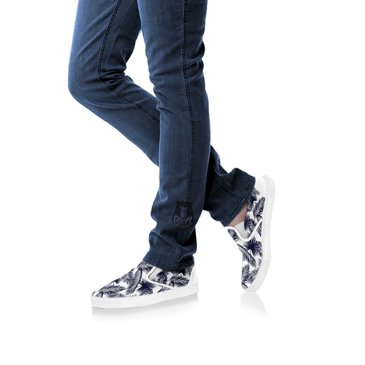 Palm Leaves White And Black Print White Slip On Shoes-grizzshop