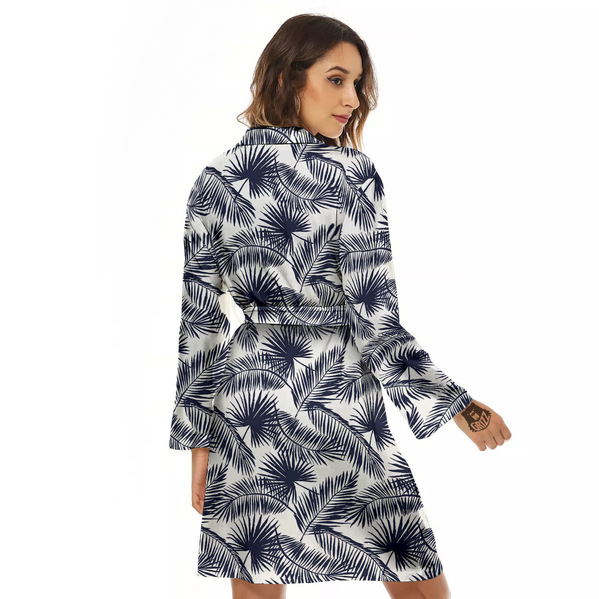 Palm Leaves White And Black Print Women's Robe-grizzshop