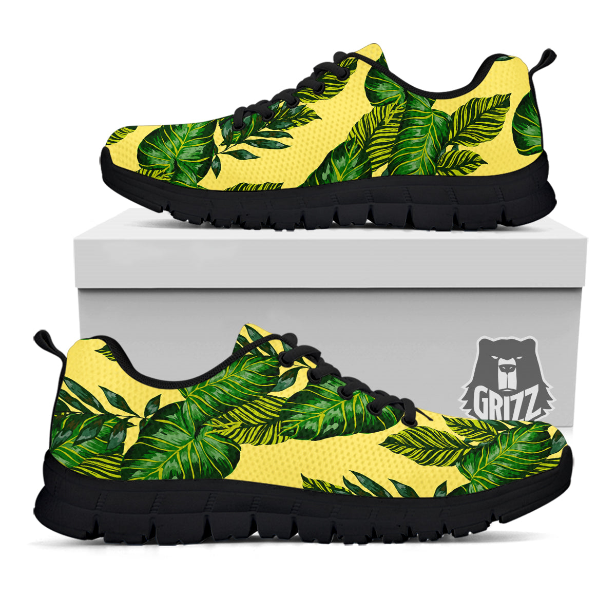 Palm Leaves Yellow Hawaiian Print Pattern Black Sneaker-grizzshop