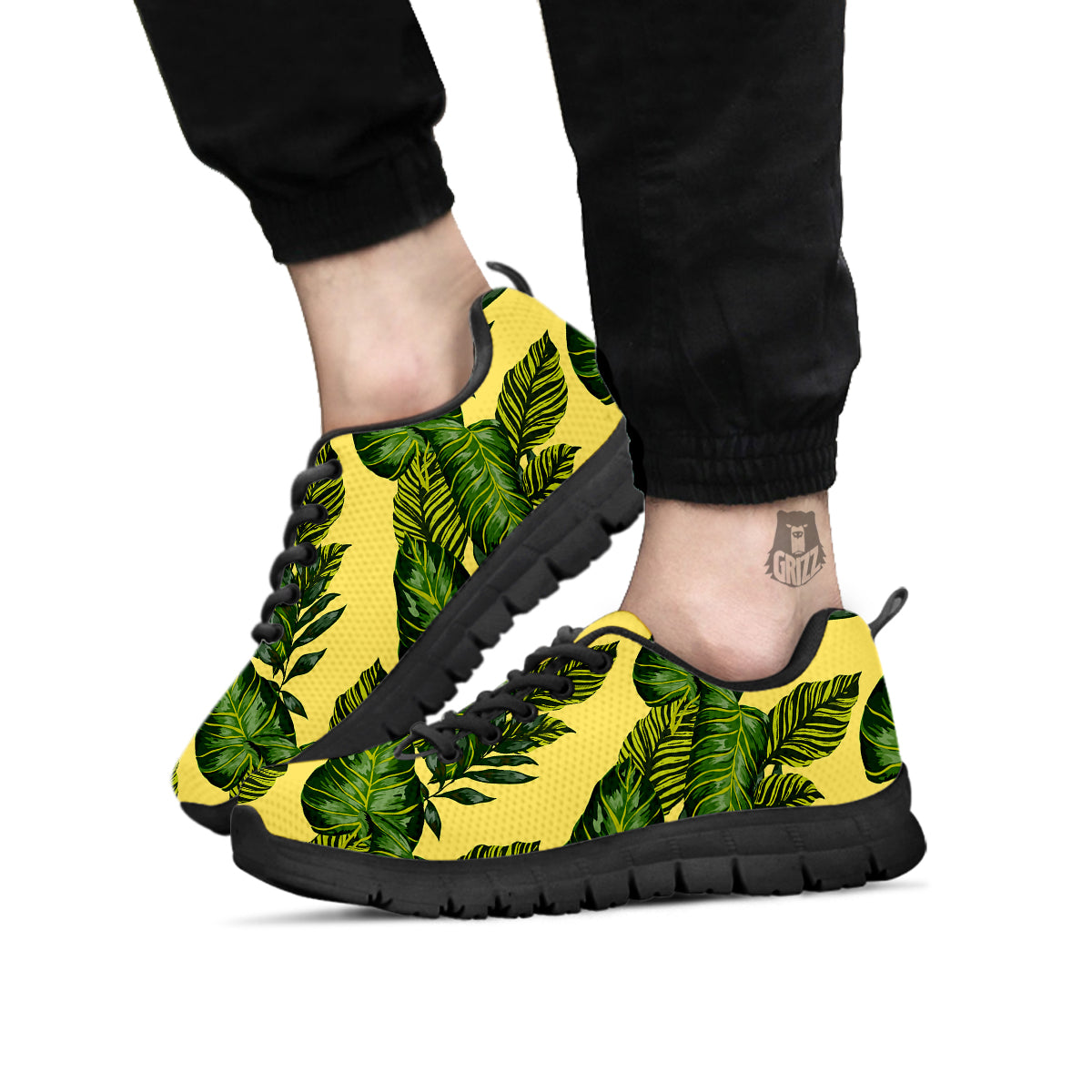 Palm Leaves Yellow Hawaiian Print Pattern Black Sneaker-grizzshop