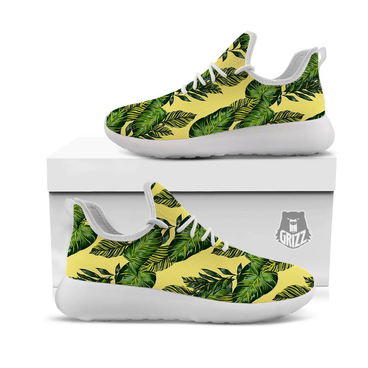 Palm Leaves Yellow Hawaiian Print Pattern White Athletic Shoes-grizzshop