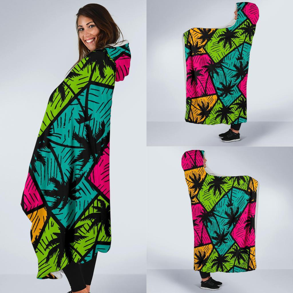 Palm Tree Beach Pattern Print Hooded Blanket-grizzshop