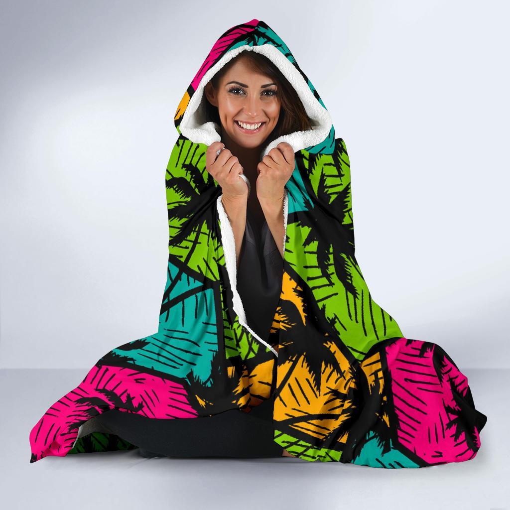 Palm Tree Beach Pattern Print Hooded Blanket-grizzshop