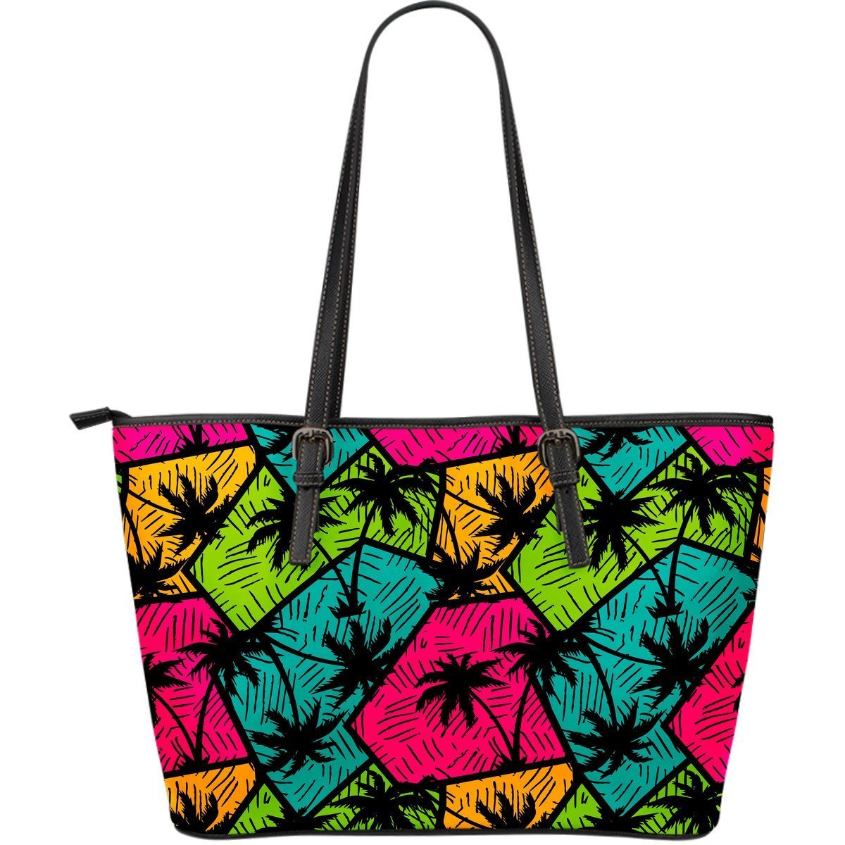 Palm Tree Beach Pattern Print Leather Tote Bag-grizzshop