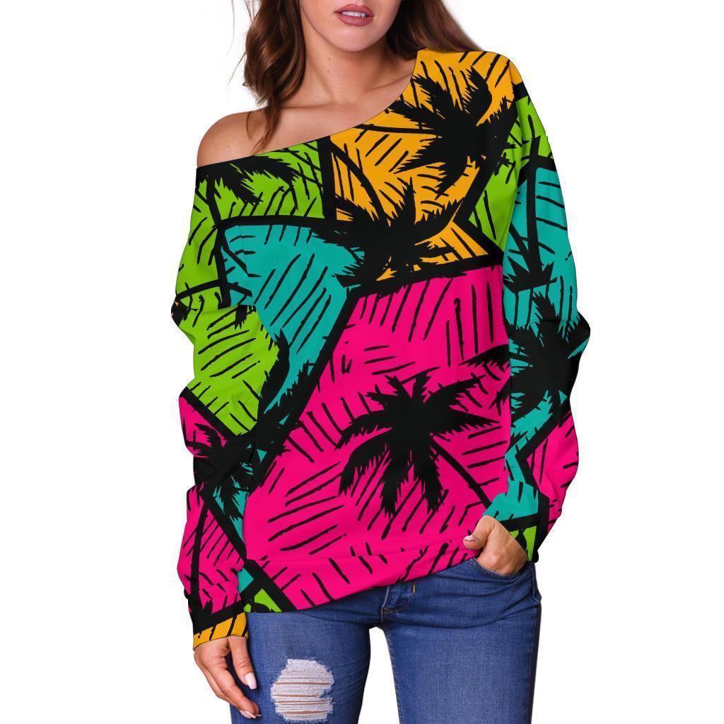 Palm Tree Beach Pattern Print Women Off Shoulder Sweatshirt-grizzshop