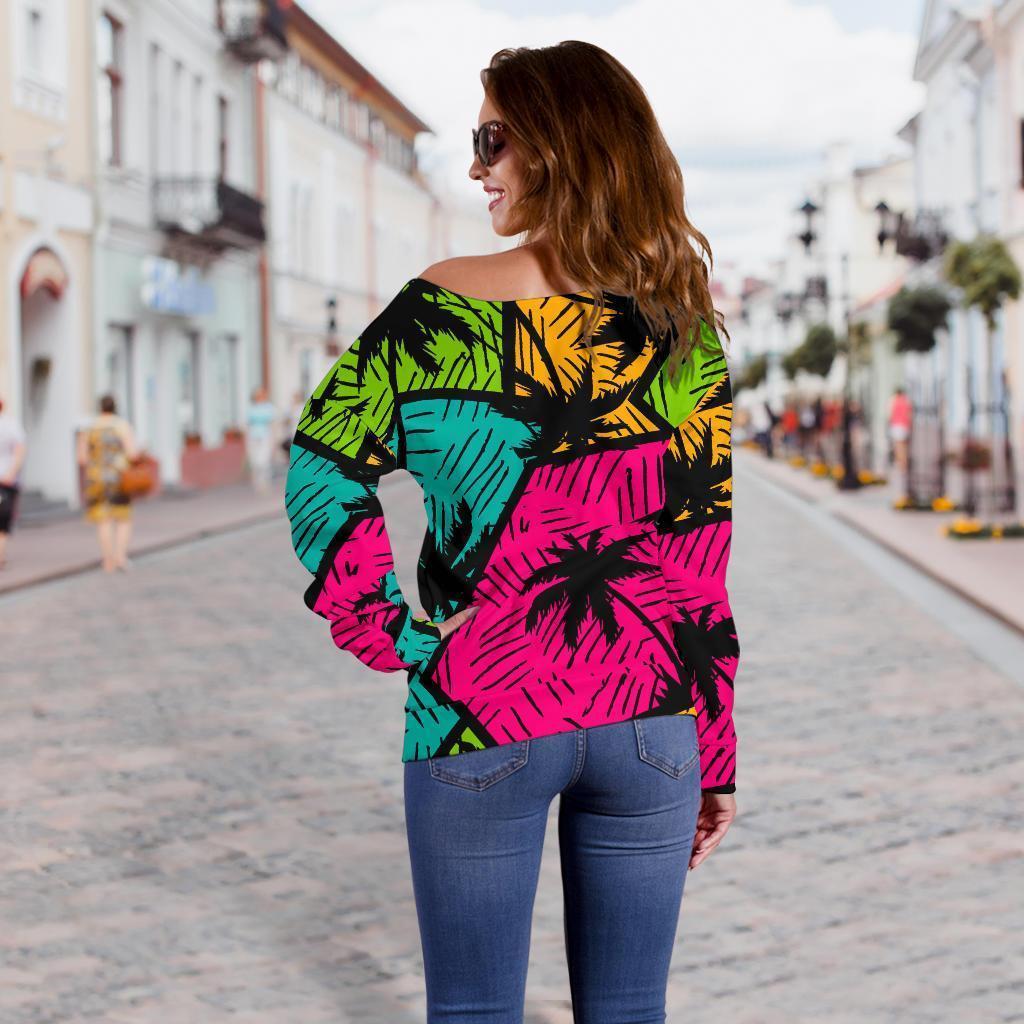 Palm Tree Beach Pattern Print Women Off Shoulder Sweatshirt-grizzshop