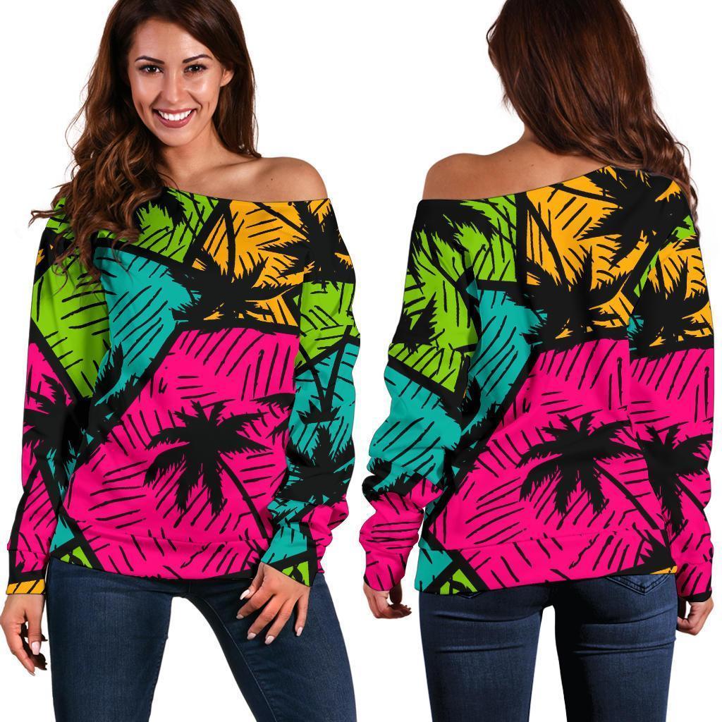 Palm Tree Beach Pattern Print Women Off Shoulder Sweatshirt-grizzshop