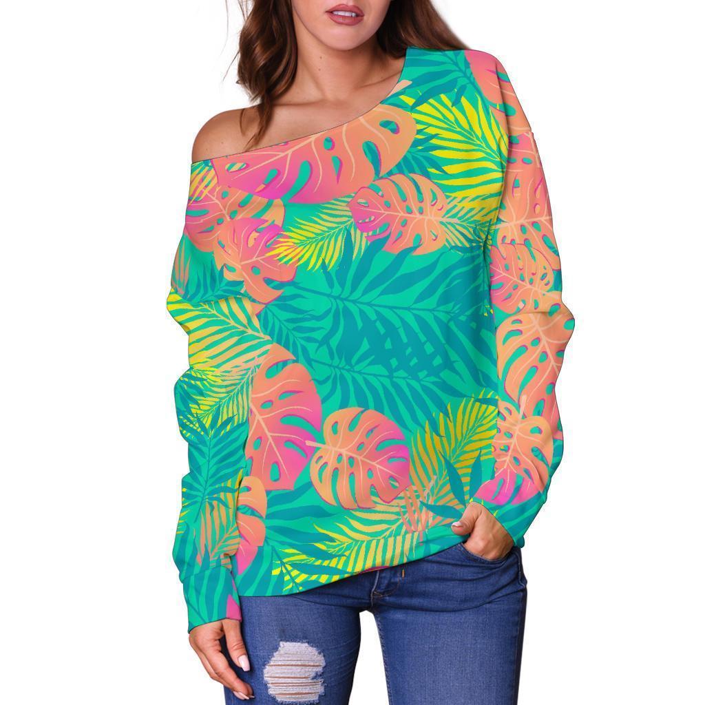 Palm Tree Beach Print Pattern Women Off Shoulder Sweatshirt-grizzshop