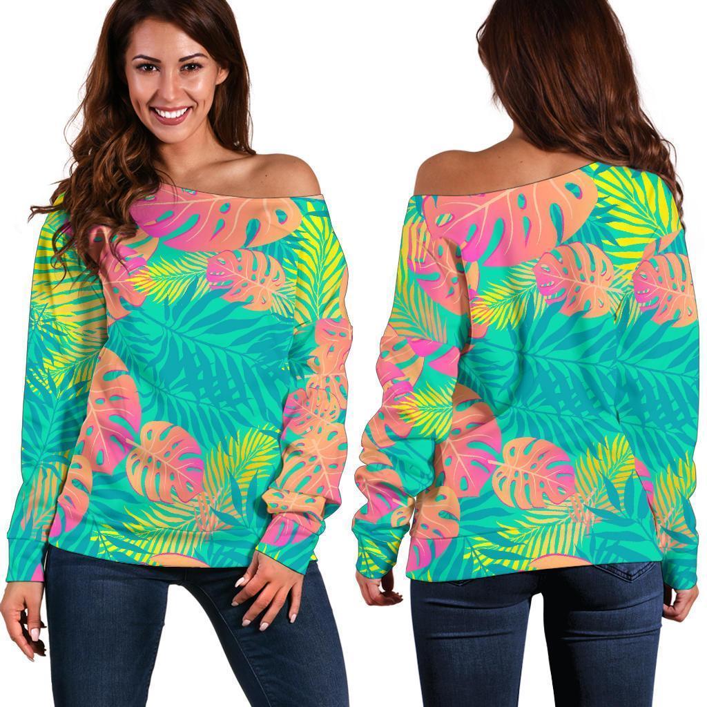 Palm Tree Beach Print Pattern Women Off Shoulder Sweatshirt-grizzshop