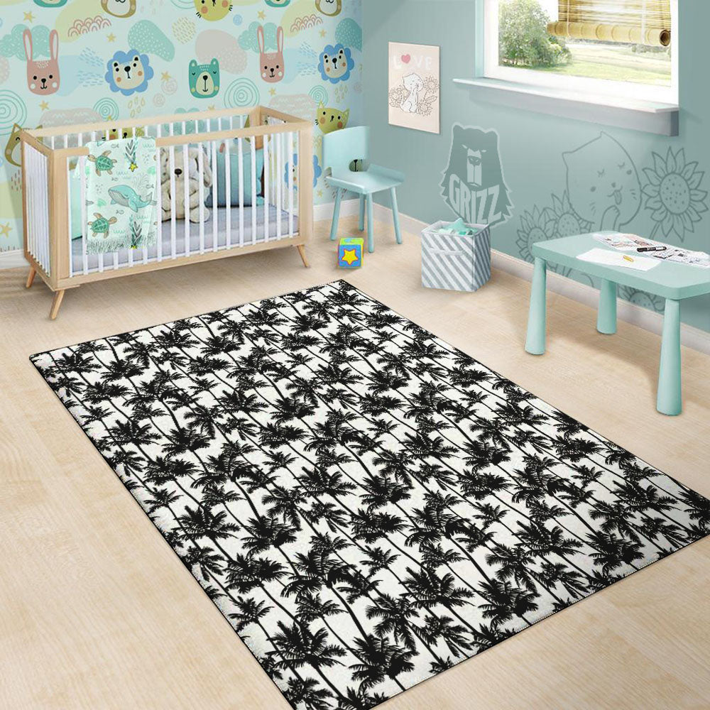 Palm Tree Black White Print Pattern Floor Mat-grizzshop