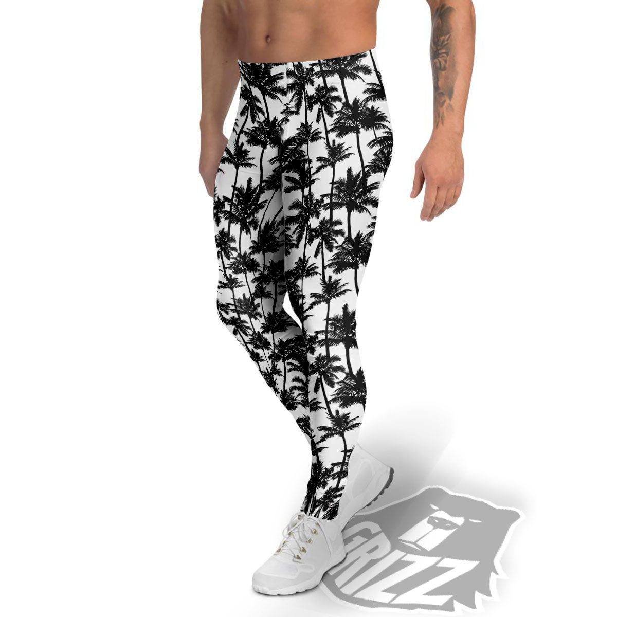 Palm Tree Black White Print Pattern Men's Leggings-grizzshop