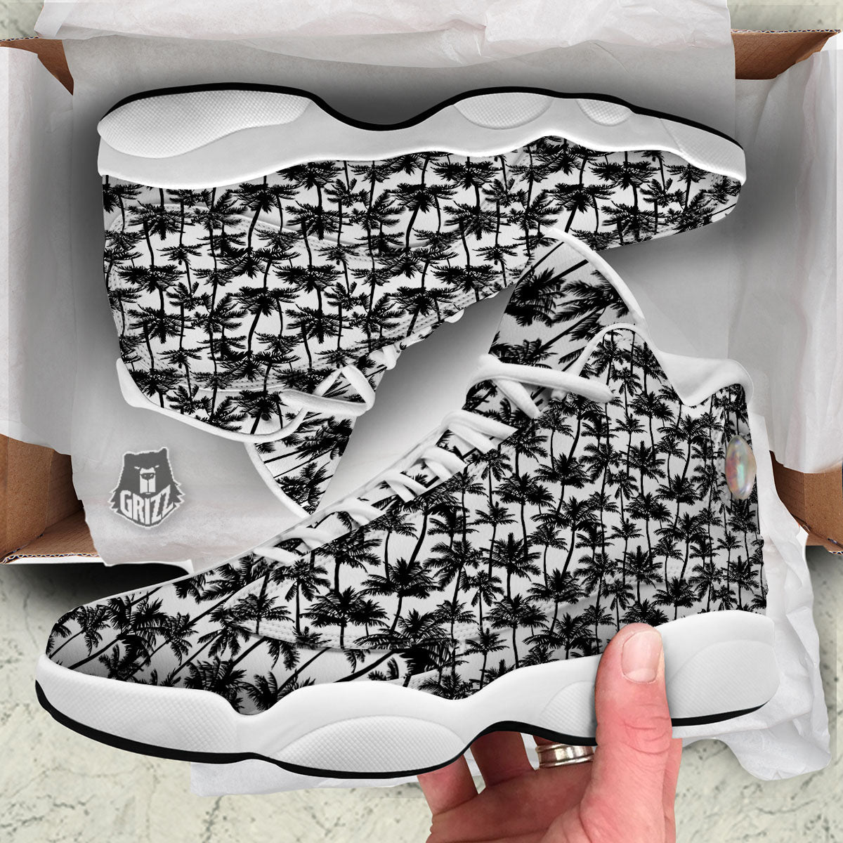 Palm Tree Black White Print Pattern White Basketball Shoes-grizzshop