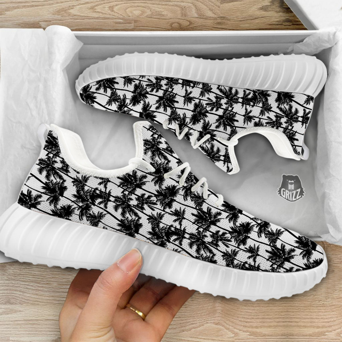 Palm Tree Black White Print Pattern White Walking Shoes-grizzshop