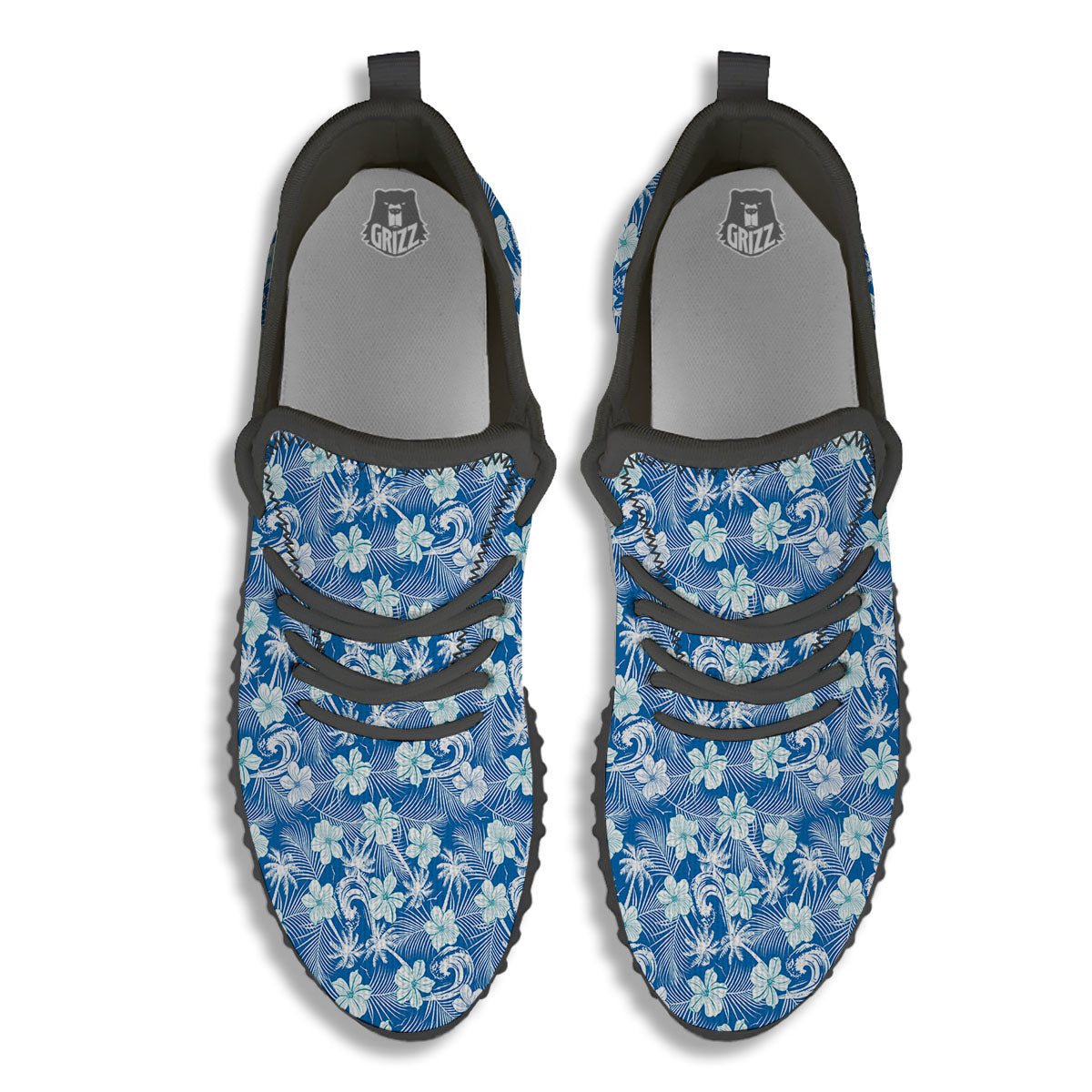 Palm Tree Blue Hibiscus Print Pattern Black Walking Shoes-grizzshop