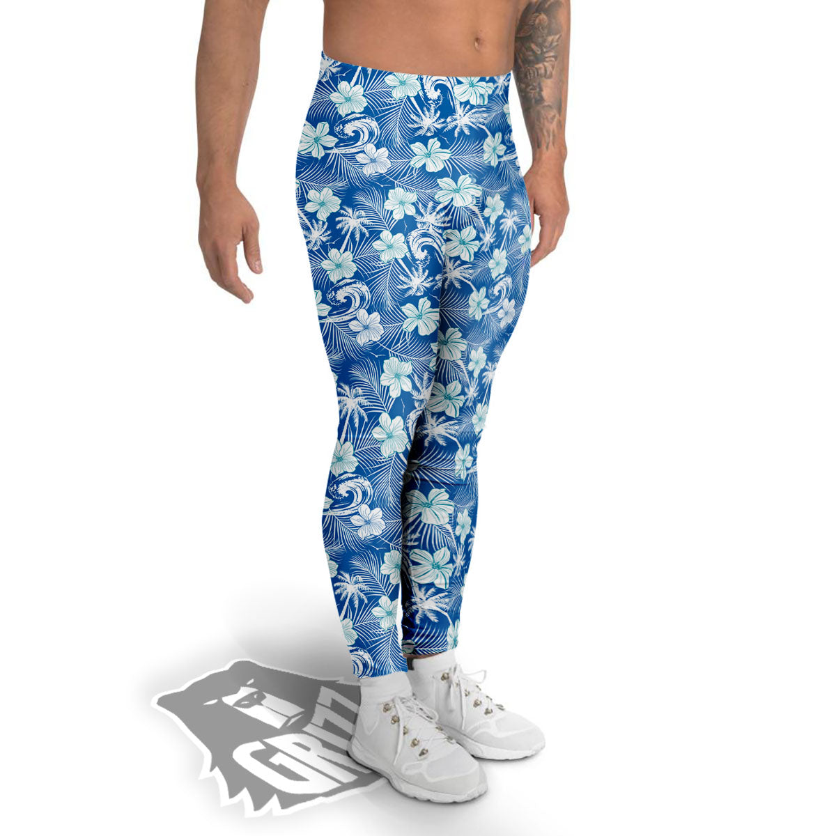 Palm Tree Blue Hibiscus Print Pattern Men's Leggings-grizzshop
