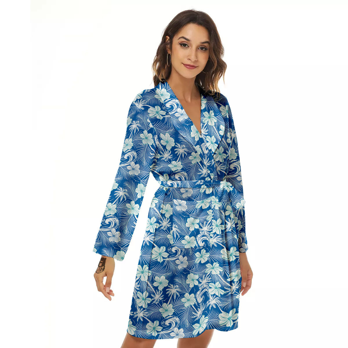 Palm Tree Blue Hibiscus Print Pattern Women's Robe-grizzshop