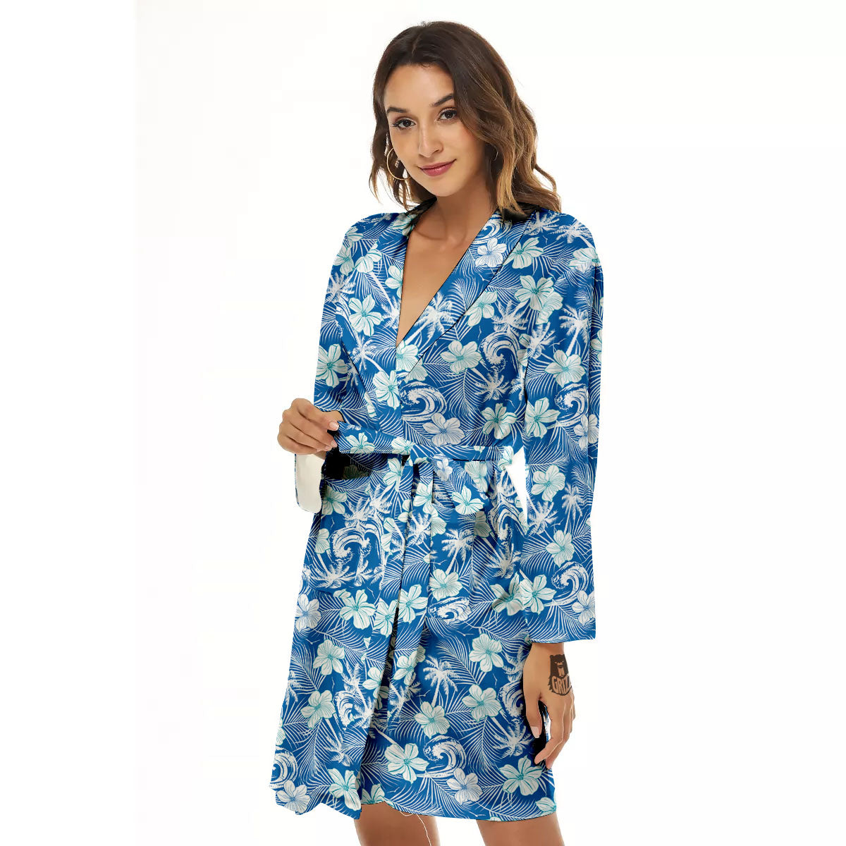 Palm Tree Blue Hibiscus Print Pattern Women's Robe-grizzshop