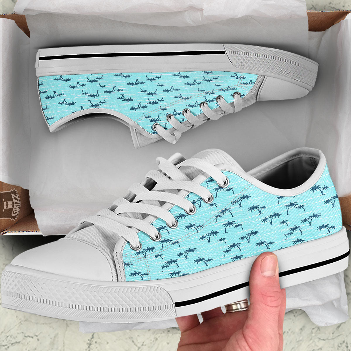 Palm Tree Blue Print Pattern White Low Top Shoes-grizzshop
