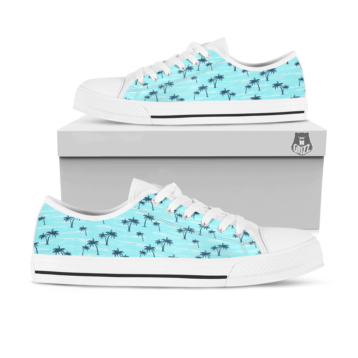 Palm Tree Blue Print Pattern White Low Top Shoes-grizzshop