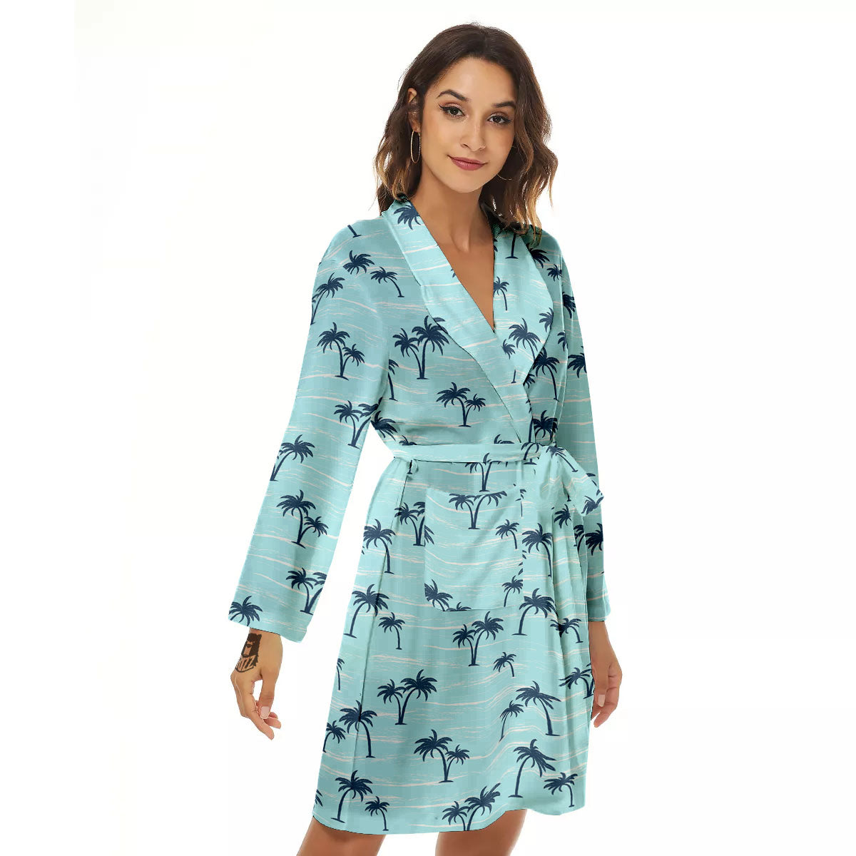 Palm Tree Blue Print Pattern Women's Robe-grizzshop