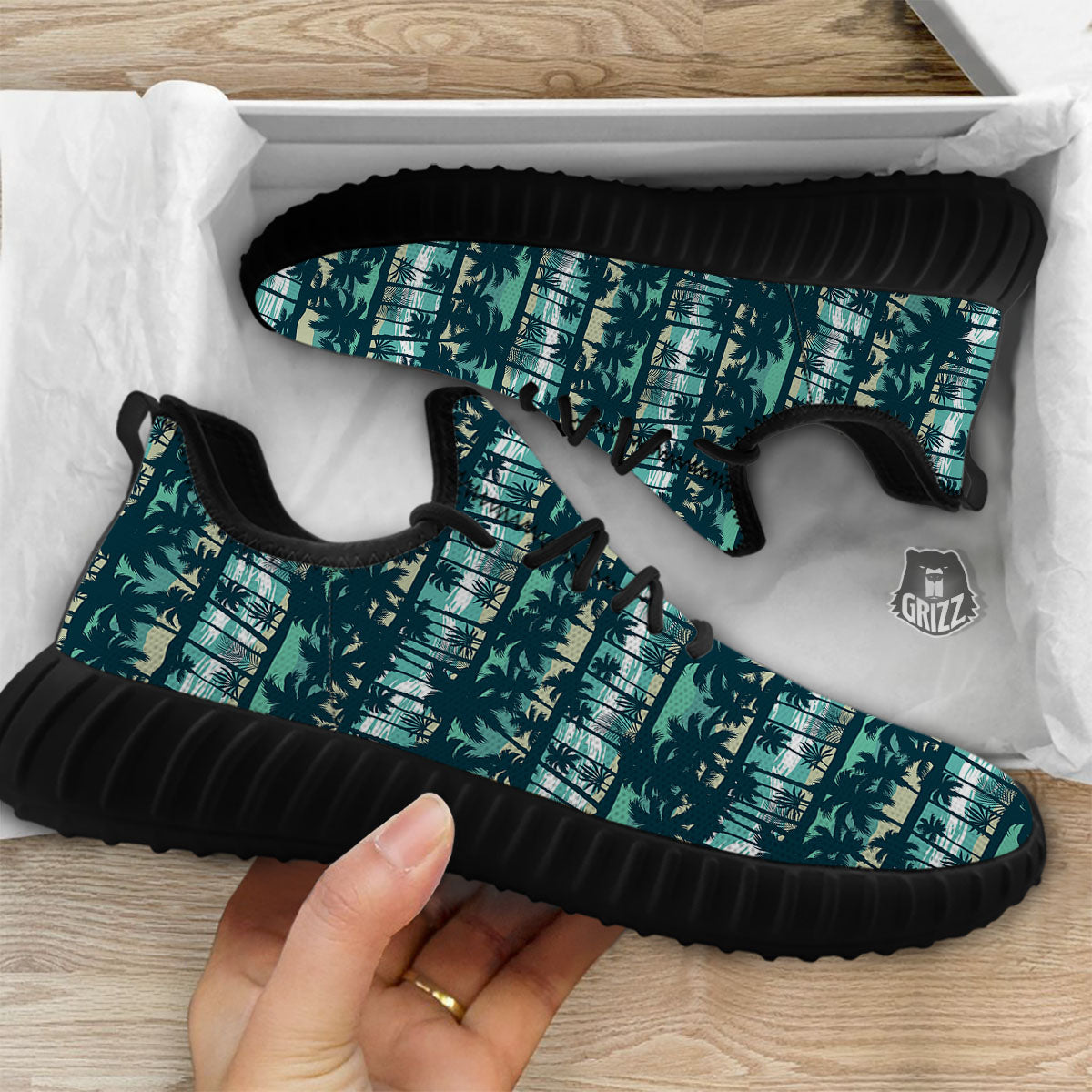 Palm Tree Print Pattern Black Walking Shoes-grizzshop