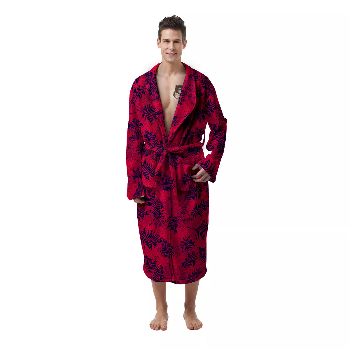 Palm Tree Red Print Pattern Men's Robe-grizzshop