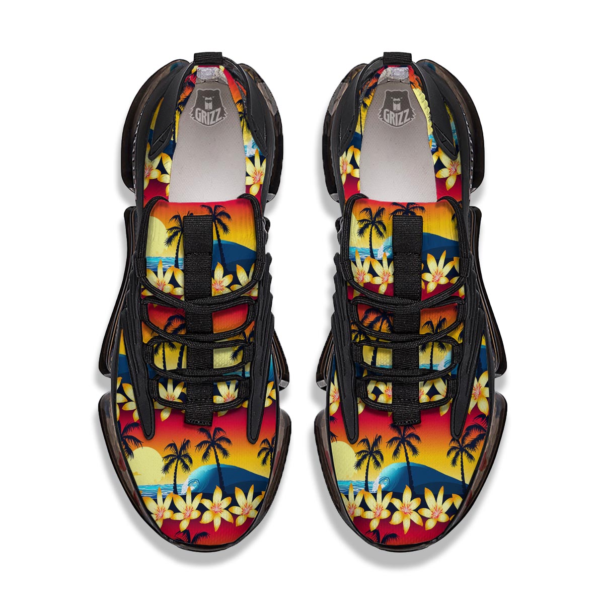 Palm Tree Sunset Hibiscus Print Pattern Black Gym Shoes-grizzshop