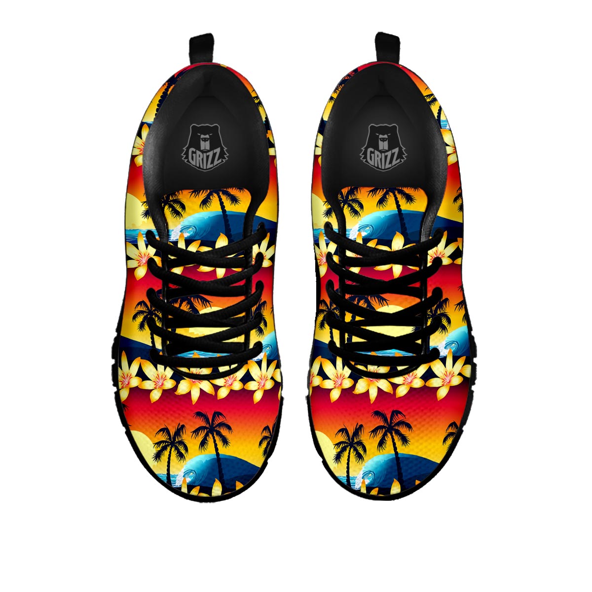 Palm Tree Sunset Hibiscus Print Pattern Black Sneaker-grizzshop