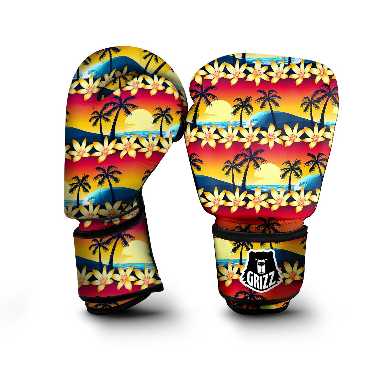 Palm Tree Sunset Hibiscus Print Pattern Boxing Gloves-grizzshop