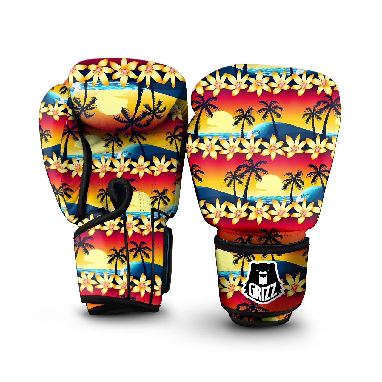 Palm Tree Sunset Hibiscus Print Pattern Boxing Gloves-grizzshop