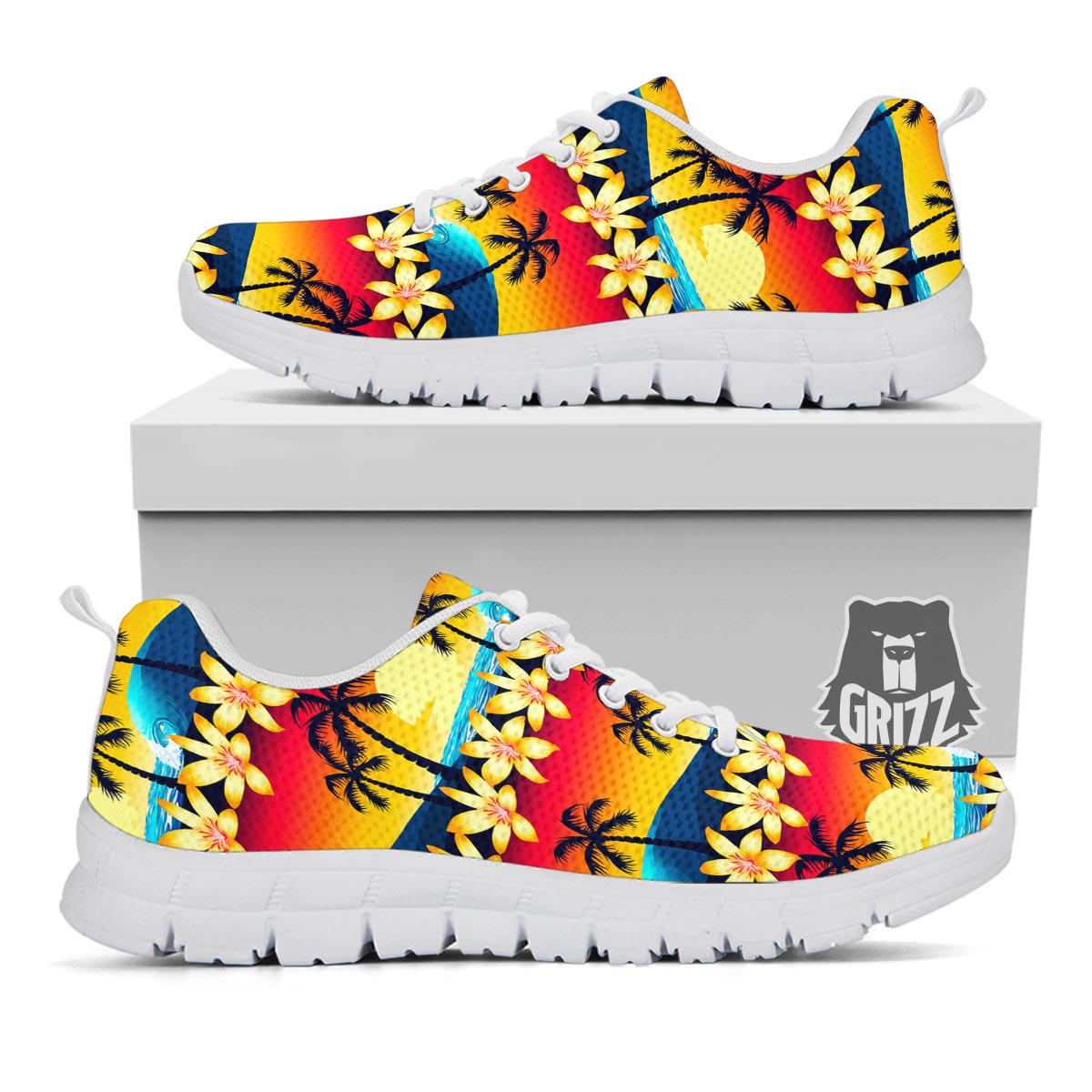 Palm Tree Sunset Hibiscus Print Pattern White Sneaker-grizzshop