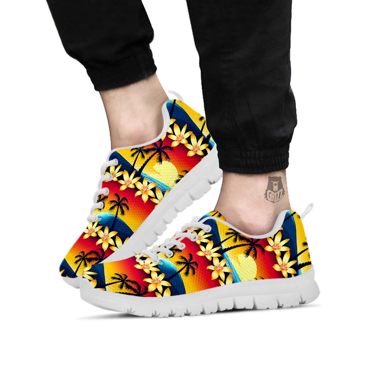 Palm Tree Sunset Hibiscus Print Pattern White Sneaker-grizzshop