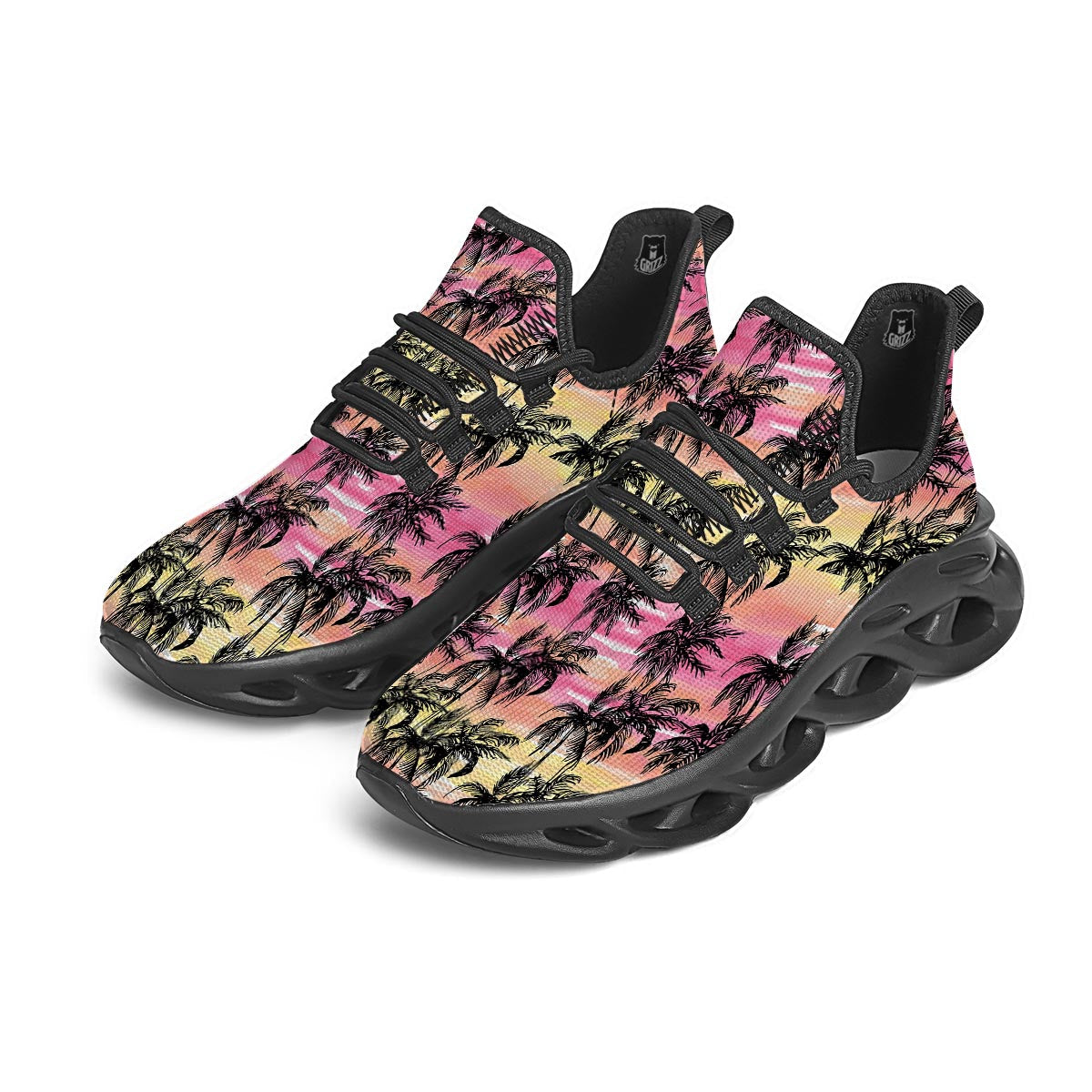 Palm Tree Sunset Print Pattern Black Running Shoes-grizzshop