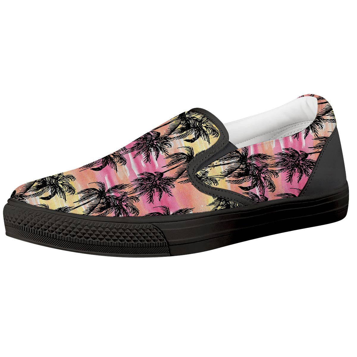 Palm Tree Sunset Print Pattern Black Slip On Shoes-grizzshop