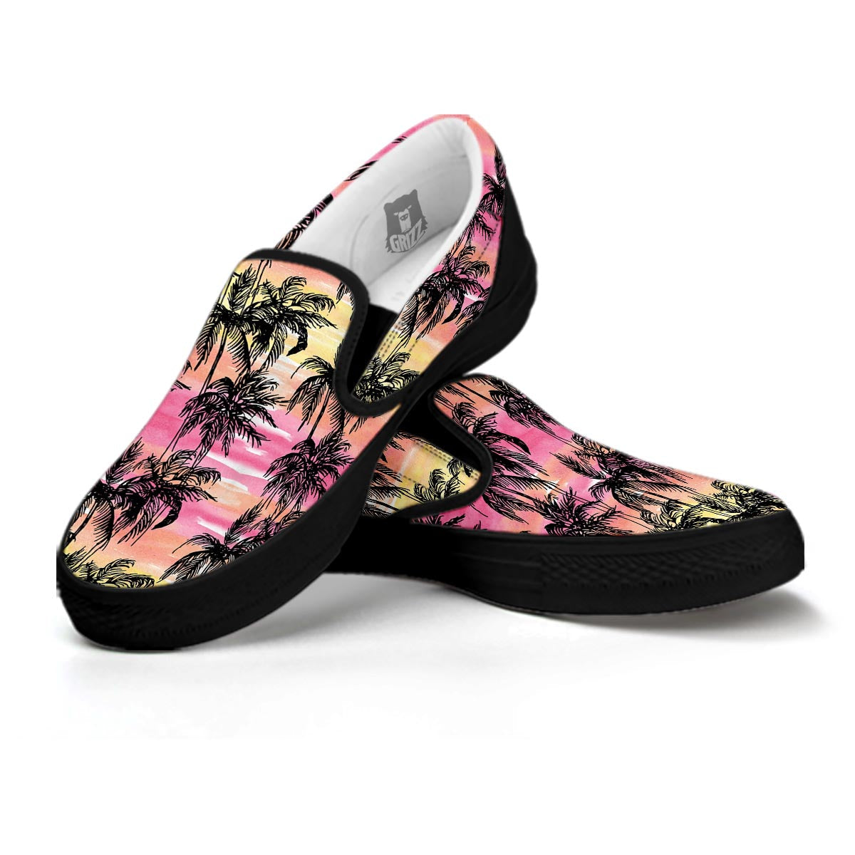 Palm Tree Sunset Print Pattern Black Slip On Shoes-grizzshop