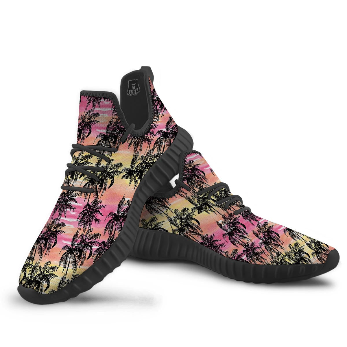 Palm Tree Sunset Print Pattern Black Walking Shoes-grizzshop