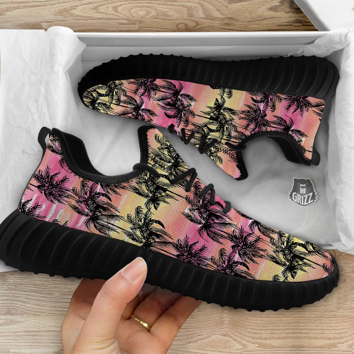Palm Tree Sunset Print Pattern Black Walking Shoes-grizzshop
